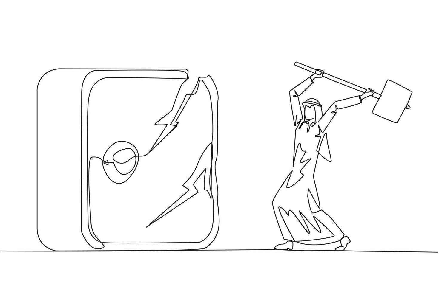 Continuous one line drawing Arab businessman preparing to hit big safe deposit box. Boss is furious want to destroy with hammer. Angry businessman. Lost. Single line draw design illustration vector