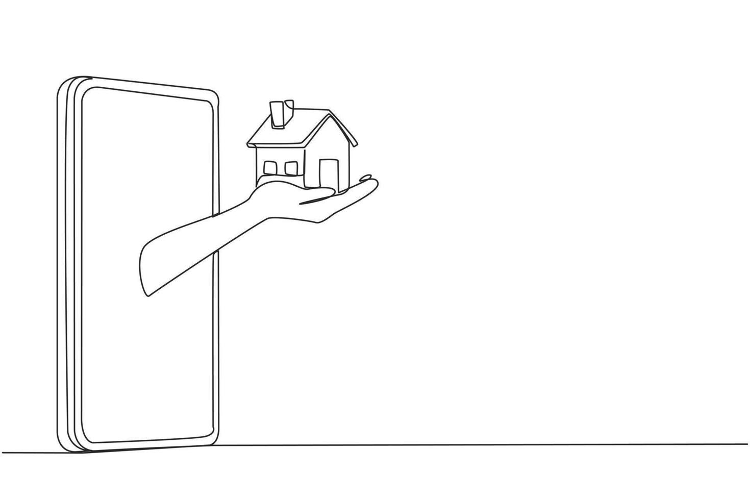 Single continuous line drawing hands come out from middle of smartphone holding a miniature house. Getting best asset in the form of a house from business result. One line design illustration vector