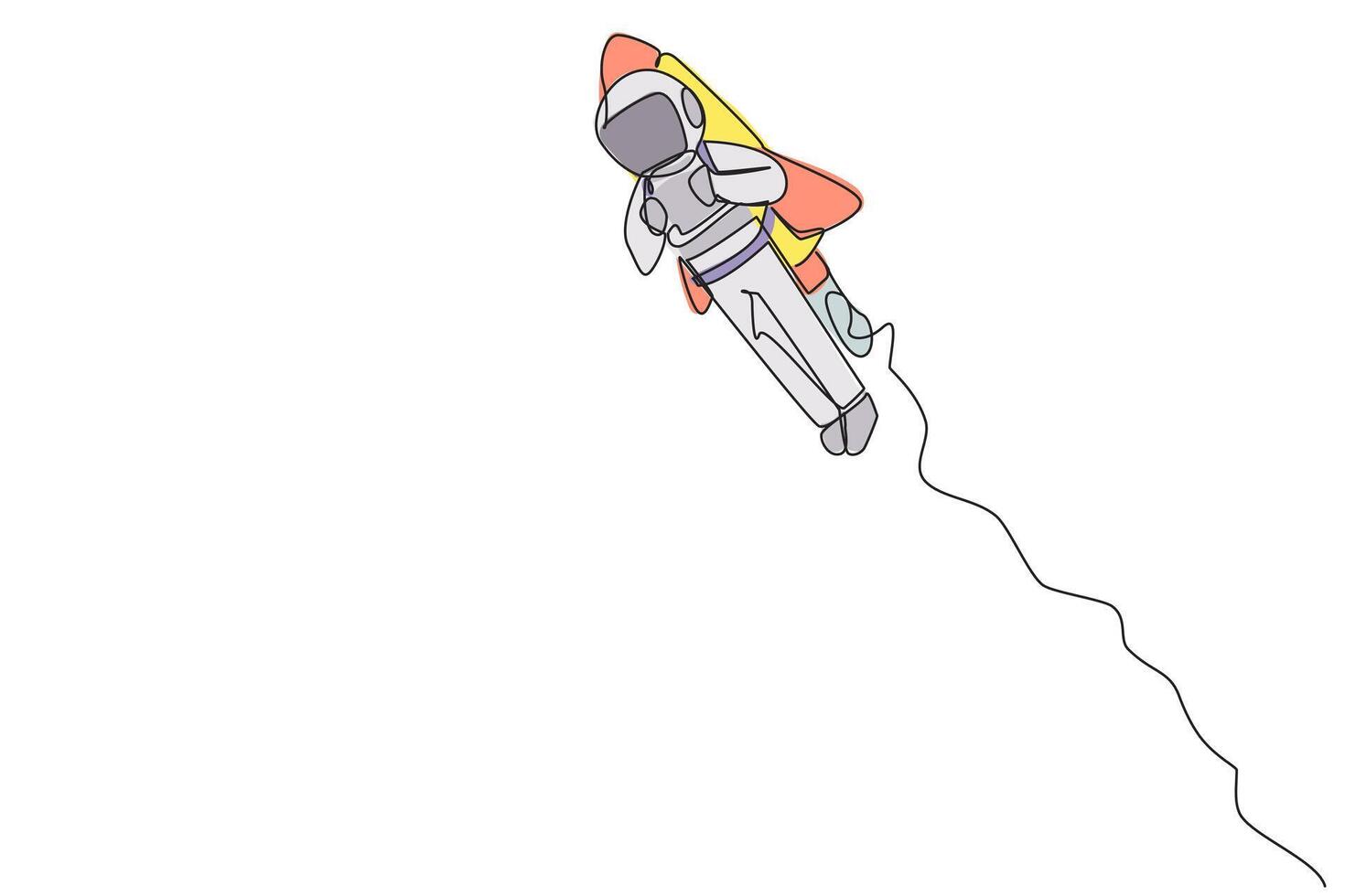 Single one line drawing young astronaut flying with rocket. Desire to take the business to the moon. Successful entrepreneur. The great energetic astronaut. Continuous line design graphic illustration vector