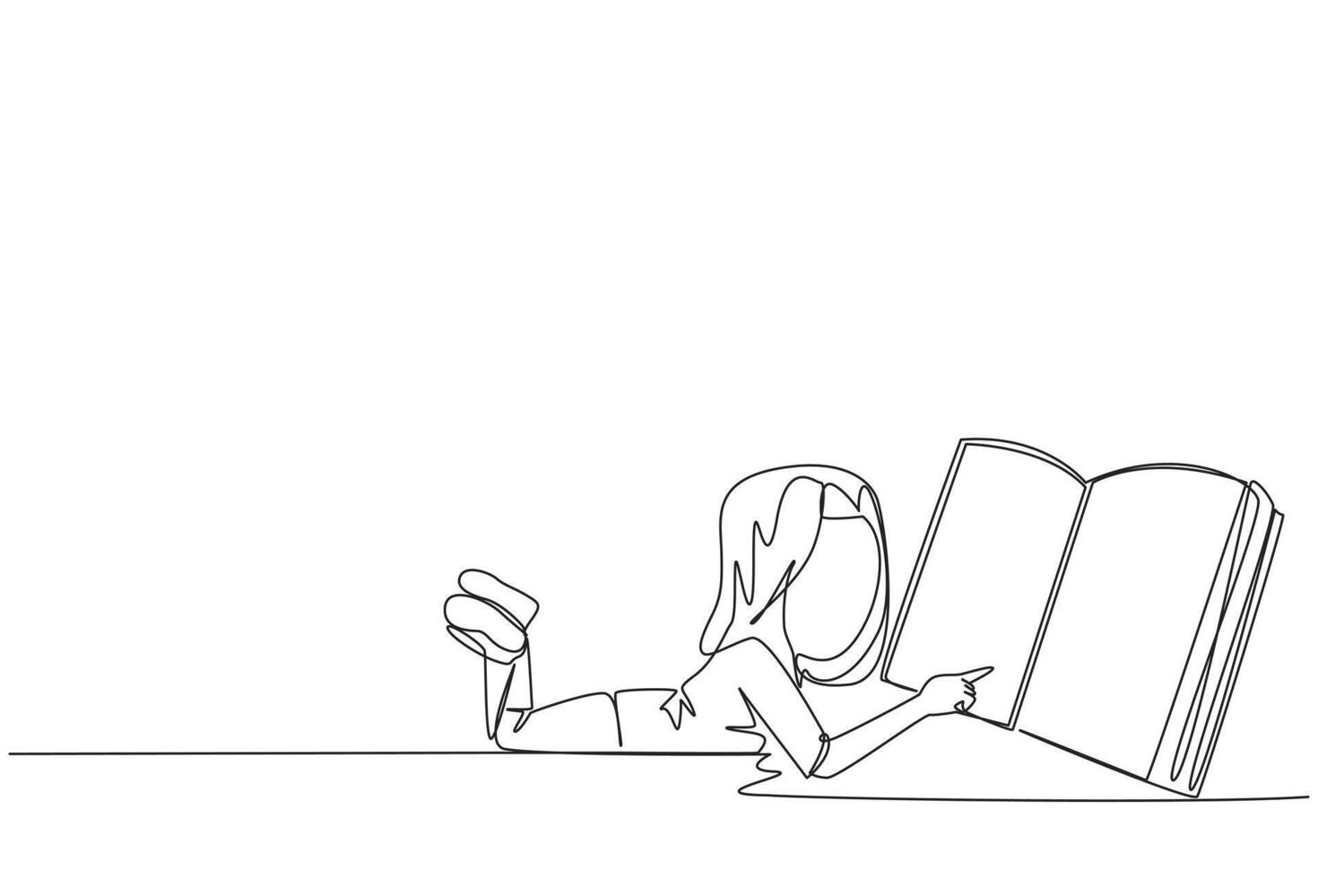 Single continuous line drawing girl lying on her stomach reading a big book. Enjoy reading books in a variety of styles. Reading increases insight. Love reading. One line design illustration vector