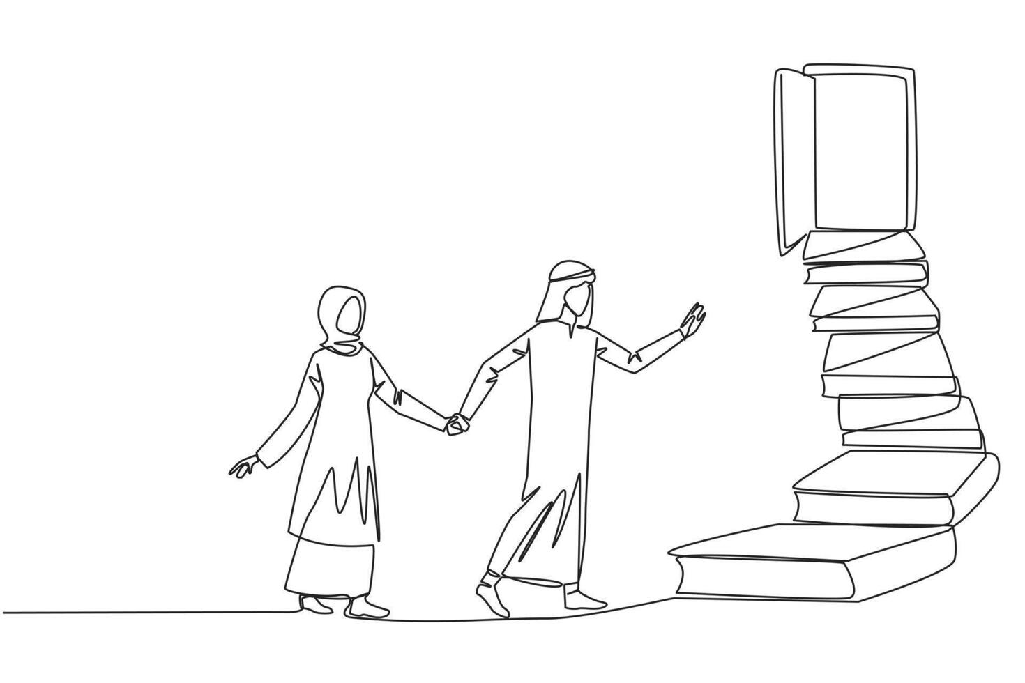 Single one line drawing Arab man woman climb stairs from the book stack. Towards the wide open door. Metaphor of finding answers from books. Book festival. Continuous line design graphic illustration vector