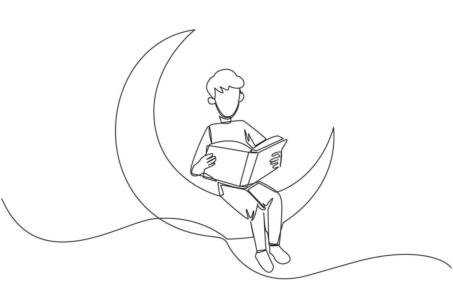 Single one line drawing man sitting on crescent moon reading a book. Metaphor of reading a fairy story before sleeping. Read until late. Love reading. Continuous line design graphic illustration vector