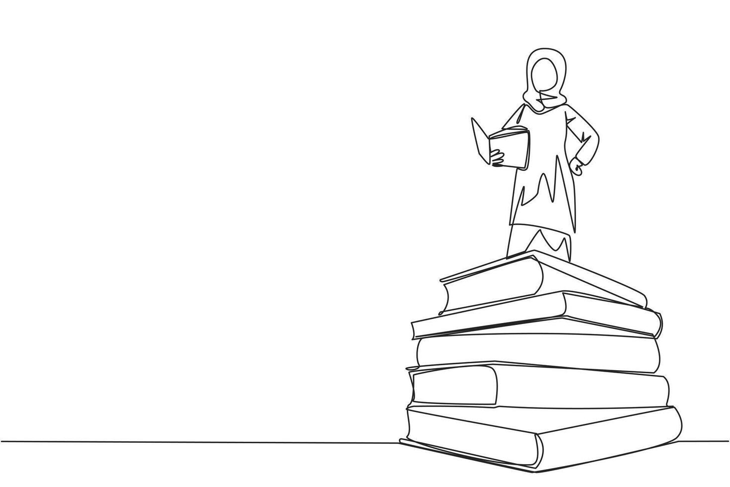 Continuous one line drawing Arabian woman standing on pile of books reading fiction story book. Intrigued by book series. Read anywhere to finish reading. Single line draw design illustration vector