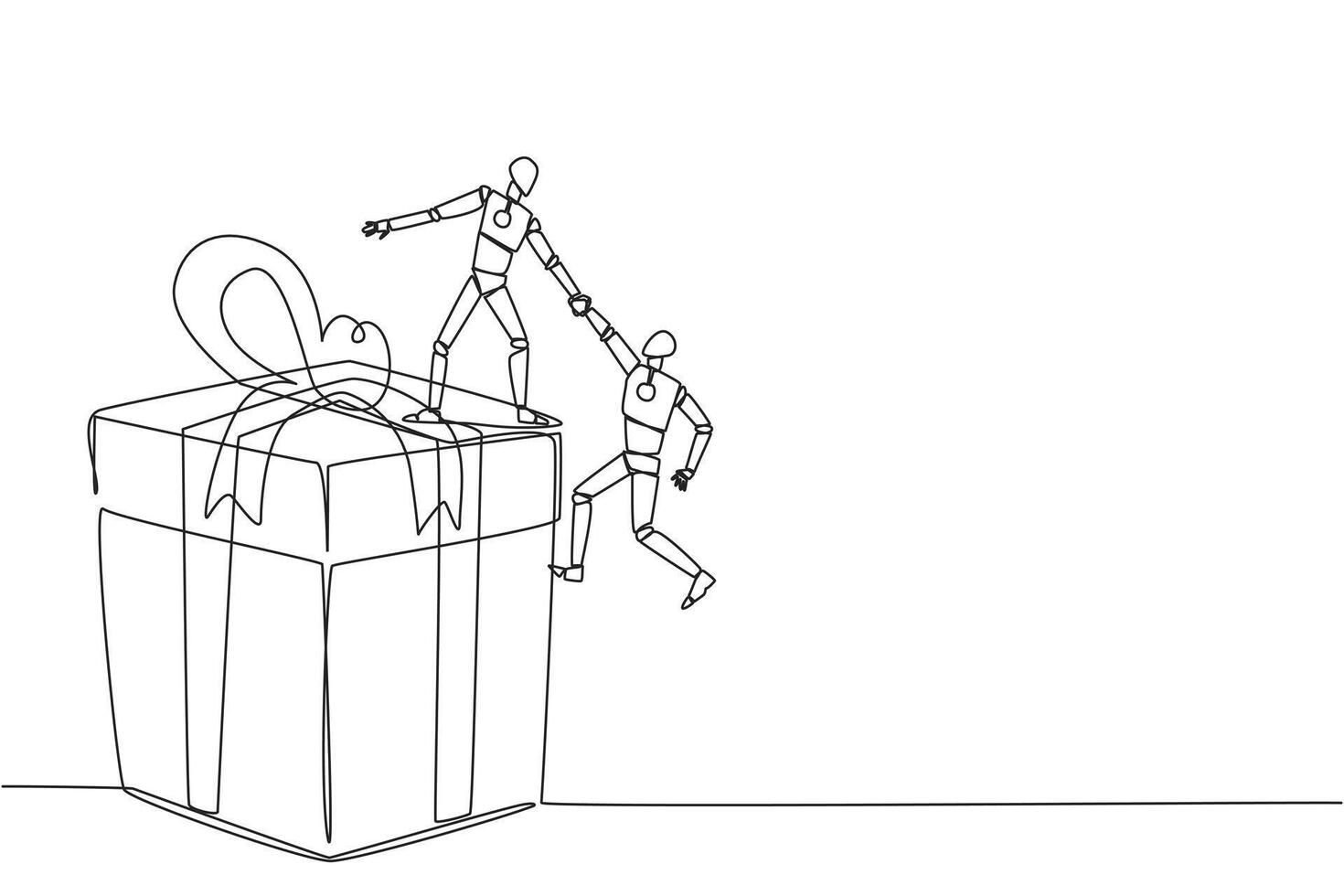 Single continuous line drawing smart robotic helps colleague climb the big gift box. Integrated teamwork to reach highest level for rewards. Helping each other. One line design illustration vector