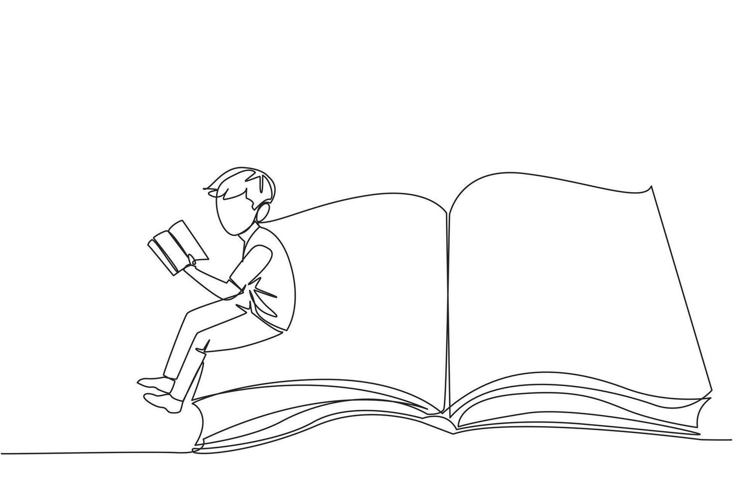 Continuous one line drawing serious man sitting on the edge of a large open book. Study before exam time arrives. Read textbooks with focus. Reading is fun. Single line draw design illustration vector