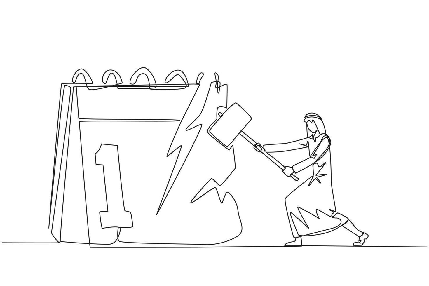 Single one line drawing Arab businessman preparing to hit the big desk calendar. Very angry expression. Lots of deadlines, holiday schedules become messy. Continuous line design graphic illustration vector