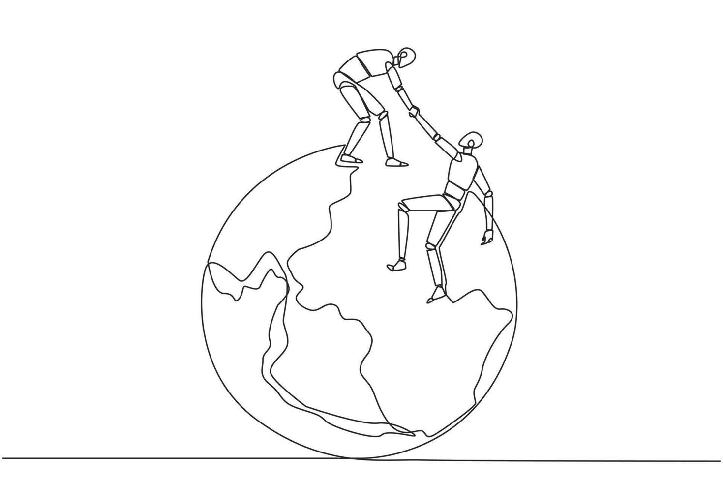 Single continuous line drawing smart robotic helps colleague climb the big globe. Metaphor of reaching top of the world through increasing business. Great teamwork. One line design illustration vector