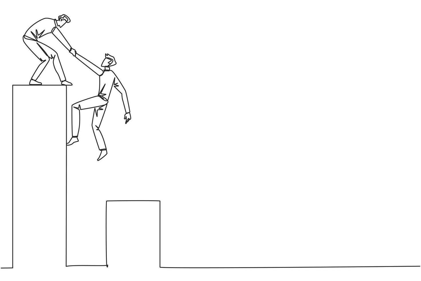 Continuous one line drawing businessman helps colleague climb bar graph. Helping to climb to higher ground. Move forward and success together. Teamwork. Single line draw design illustration vector