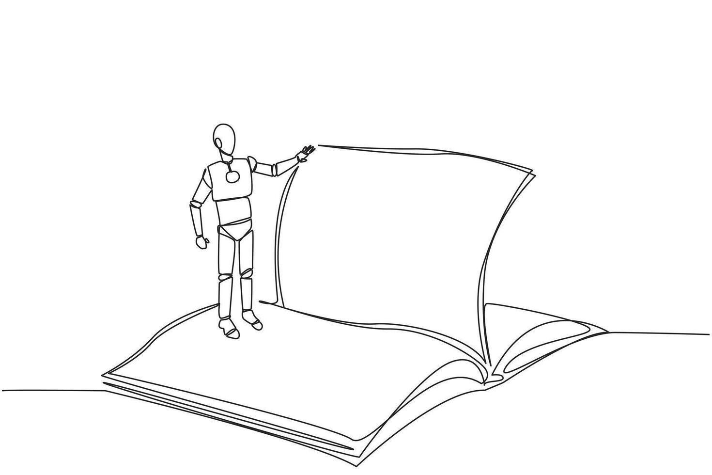 Single one line drawing smart robotic standing over open ledger turning page. Read slowly to understand contents of each page. Reading increases insight. Continuous line design graphic illustration vector