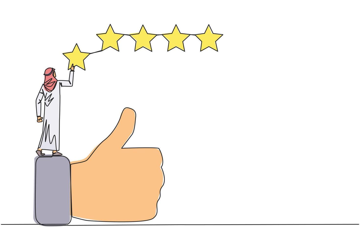 Single continuous line drawing young happy Arabian man standing on the thumbs up wants to attach the stars to form 5 stars in a row. Give review or good feedback. One line design illustration vector