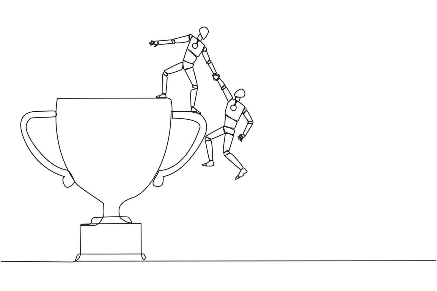 Single one line drawing smart robotic helps colleague climb the big trophy. Achievement that cannot be achieved without great teamwork. Smart teamwork. Continuous line design graphic illustration vector