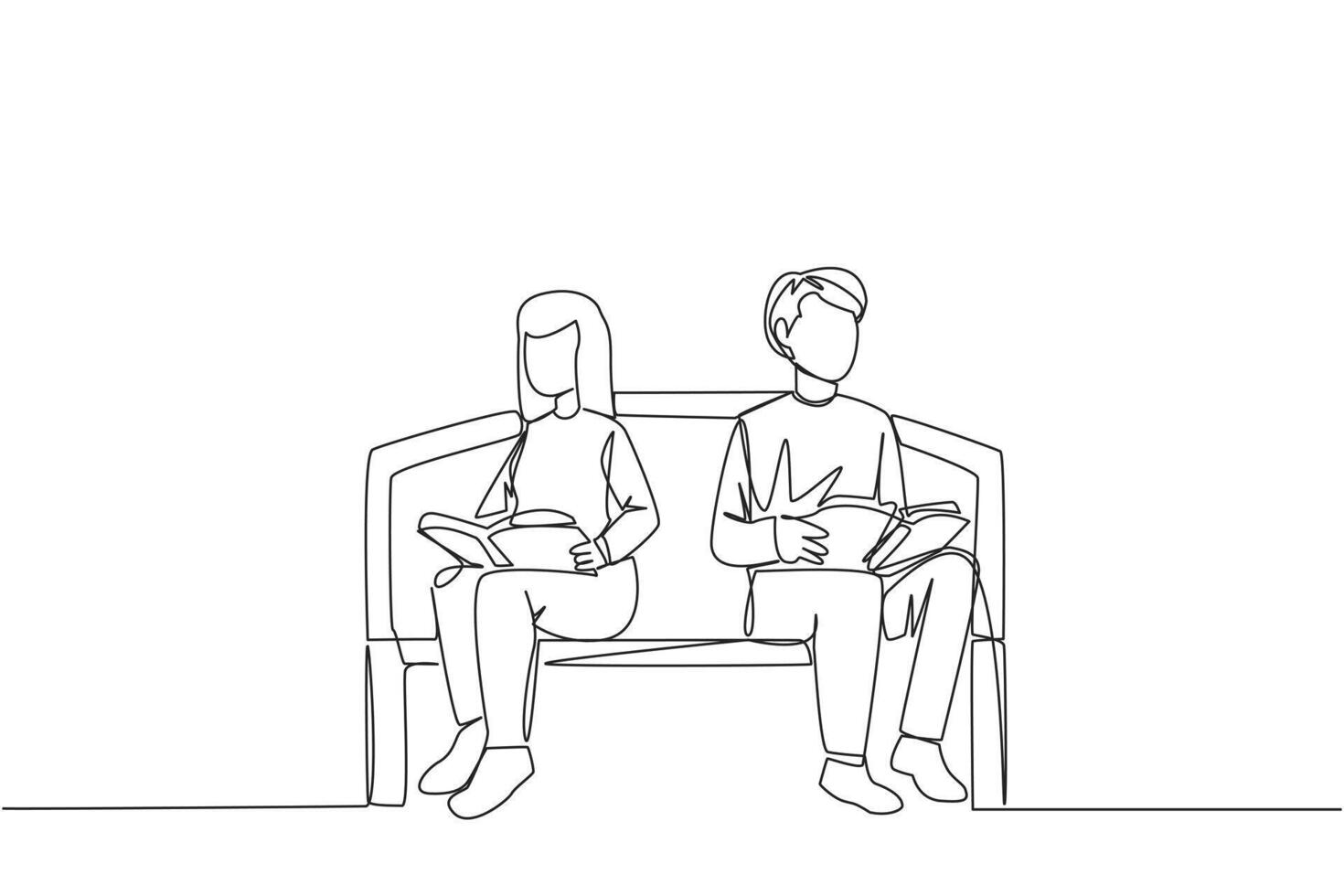 Single continuous line drawing man woman sitting and reading on chair in university park. Prepare for the final exams with serious reading. Book festival concept. One line design illustration vector