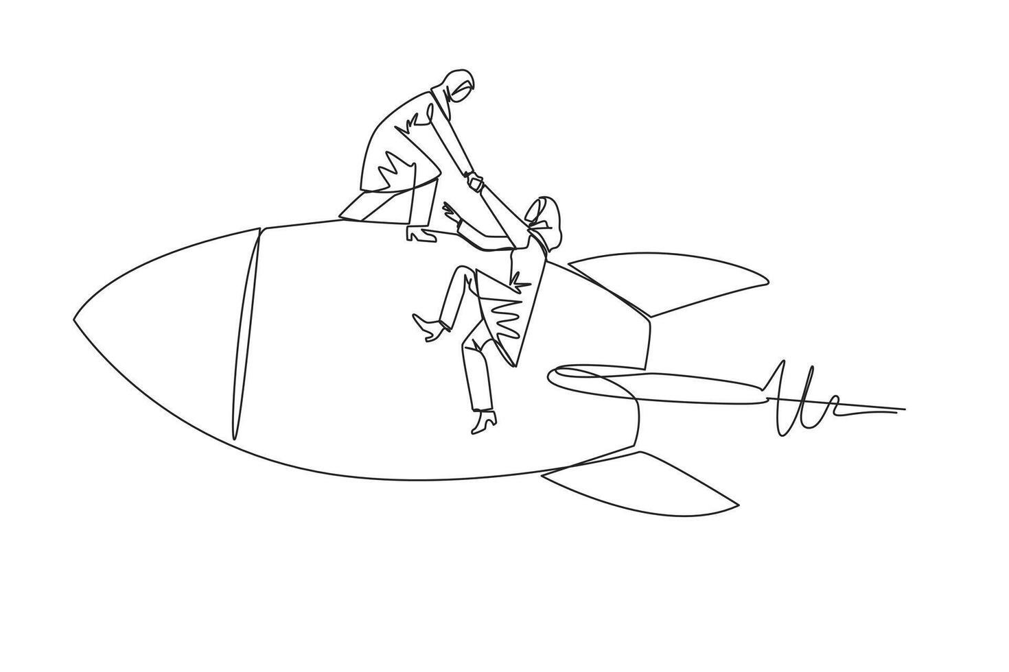 Continuous one line drawing Arab businesswoman helps colleague climb flying rocket. Metaphor help in managing company branches. Skyrocketed like the previous business. Single line draw design vector