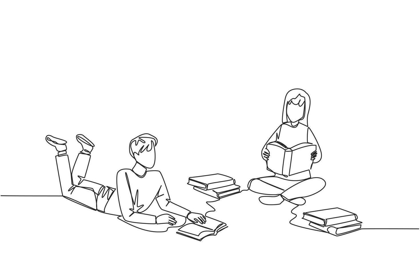 Single one line drawing man and woman who really likes reading. Everyday one book is read. Good habit. There is no day without reading book. Book festival concept. Continuous line graphic illustration vector
