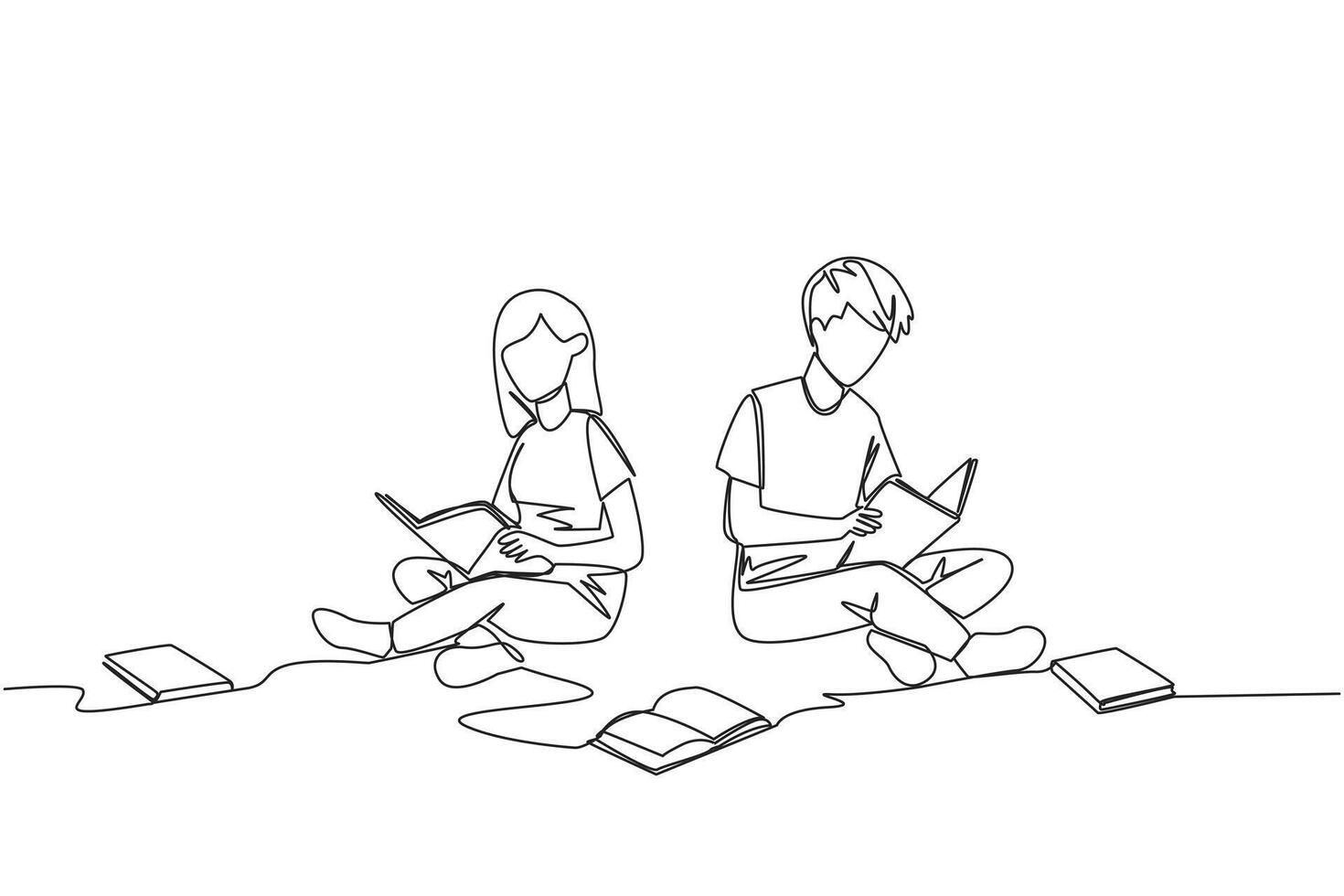 Single continuous line drawing man woman sitting relaxed in library reading lot of books. Looking for answers to assignments. Hobby reading. Book festival concept. One line design illustration vector