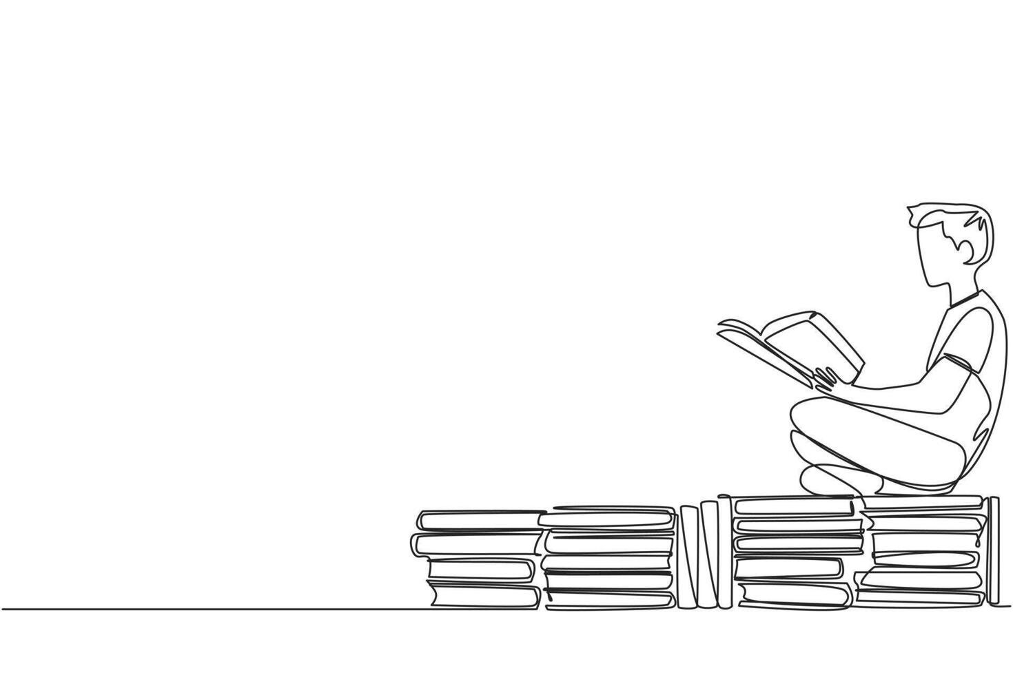 Single one line drawing man sitting relaxed reading a book on pile of books. Relax while reading fiction books. Enjoy the storyline. Book festival concept. Continuous line design graphic illustration vector