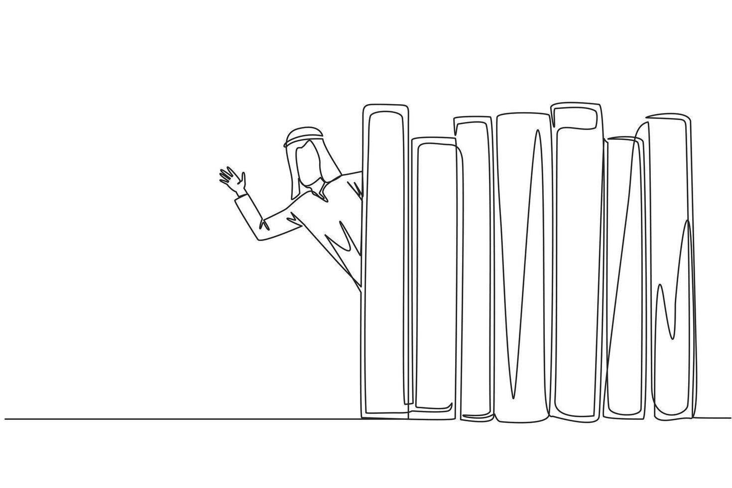 Single one line drawing Arabian man appears from behind a row of books. Invitation to read the books at the library. Like to reading a book. Book festival concept. Continuous line graphic illustration vector