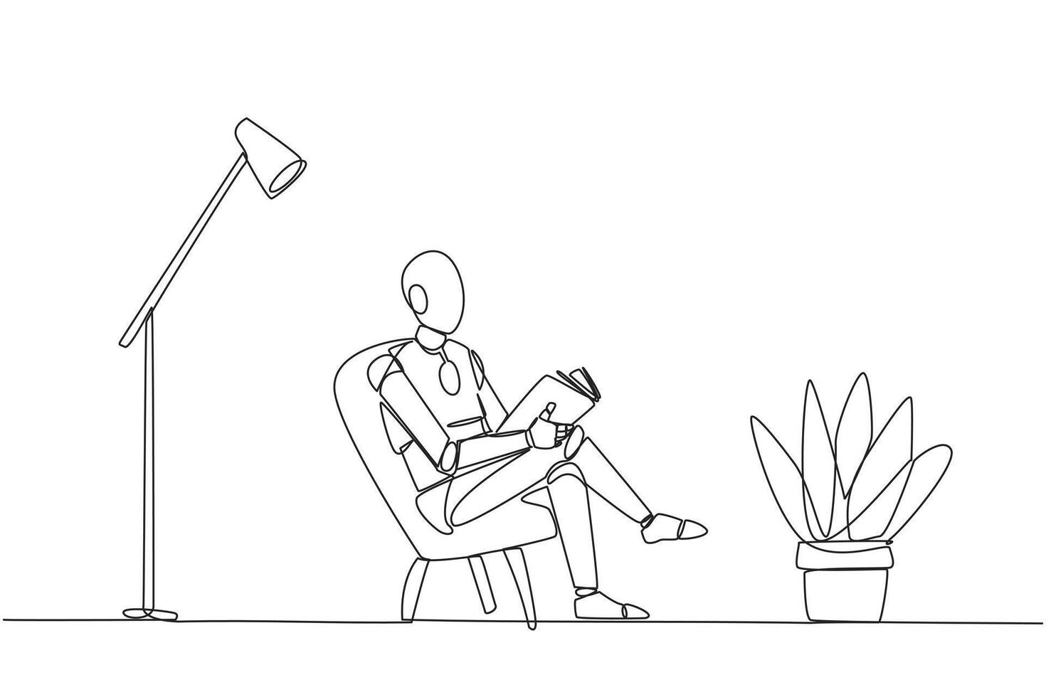 Single continuous line drawing smart robot sitting reading in room with the reading lamp. Spending holidays increasing knowledge by reading the books. Love reading. One line design illustration vector