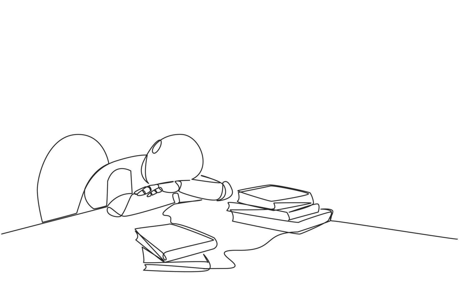 Single continuous line drawing smart robotic asleep at table where there were piles of books. Tired after successfully finish favorite reading book. Love reading. One line design illustration vector