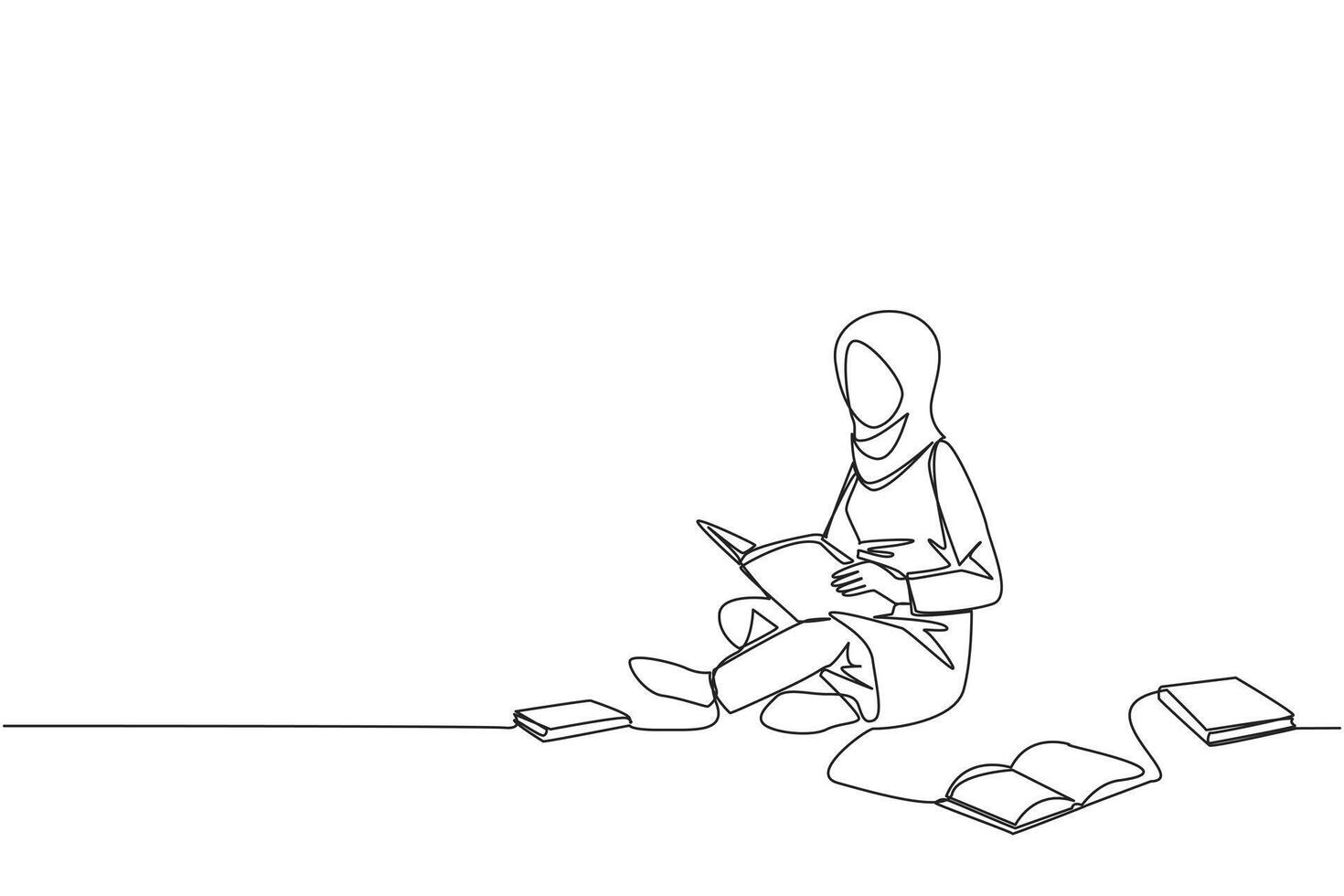 continuo uno línea dibujo árabe mujer sentado relajarse en biblioteca leyendo lote de libros. mirando para respuestas a asignaciones pasatiempo lectura. libro festival concepto. soltero línea dibujar ilustración vector