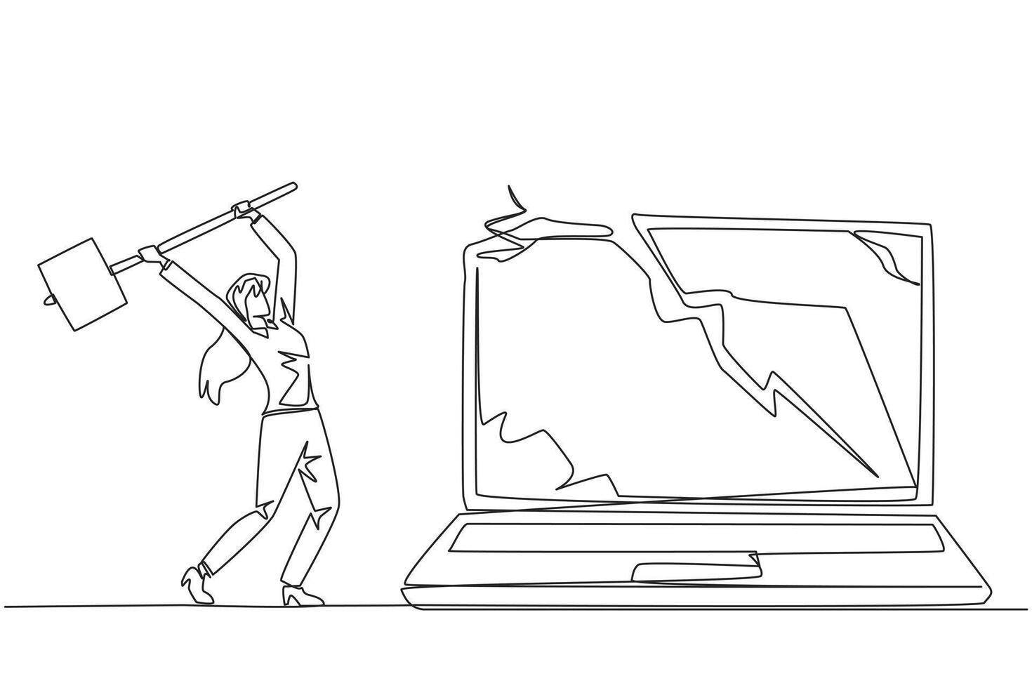 Single one line drawing businesswoman preparing to hit laptop. Rampage. Destroying technology that cannot be used optimally. Upgrade hardware and brainware. Continuous line design graphic illustration vector