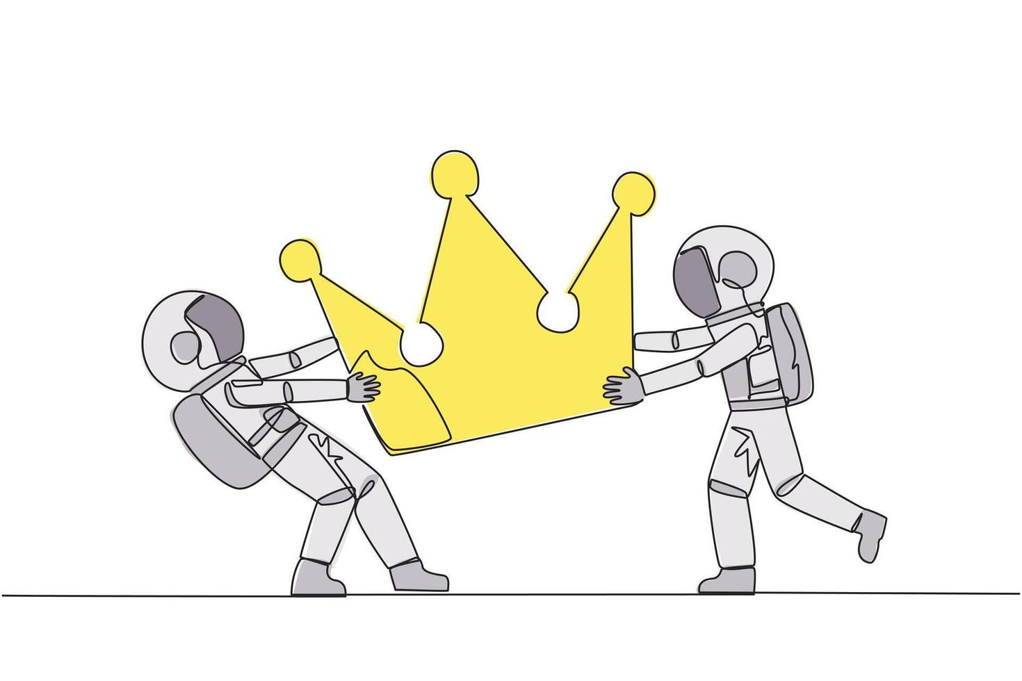 Continuous one line drawing two emotional astronaut fighting over the crown. Fighting for become the most successful and respected astronaut. Conflict. Single line draw design illustration vector