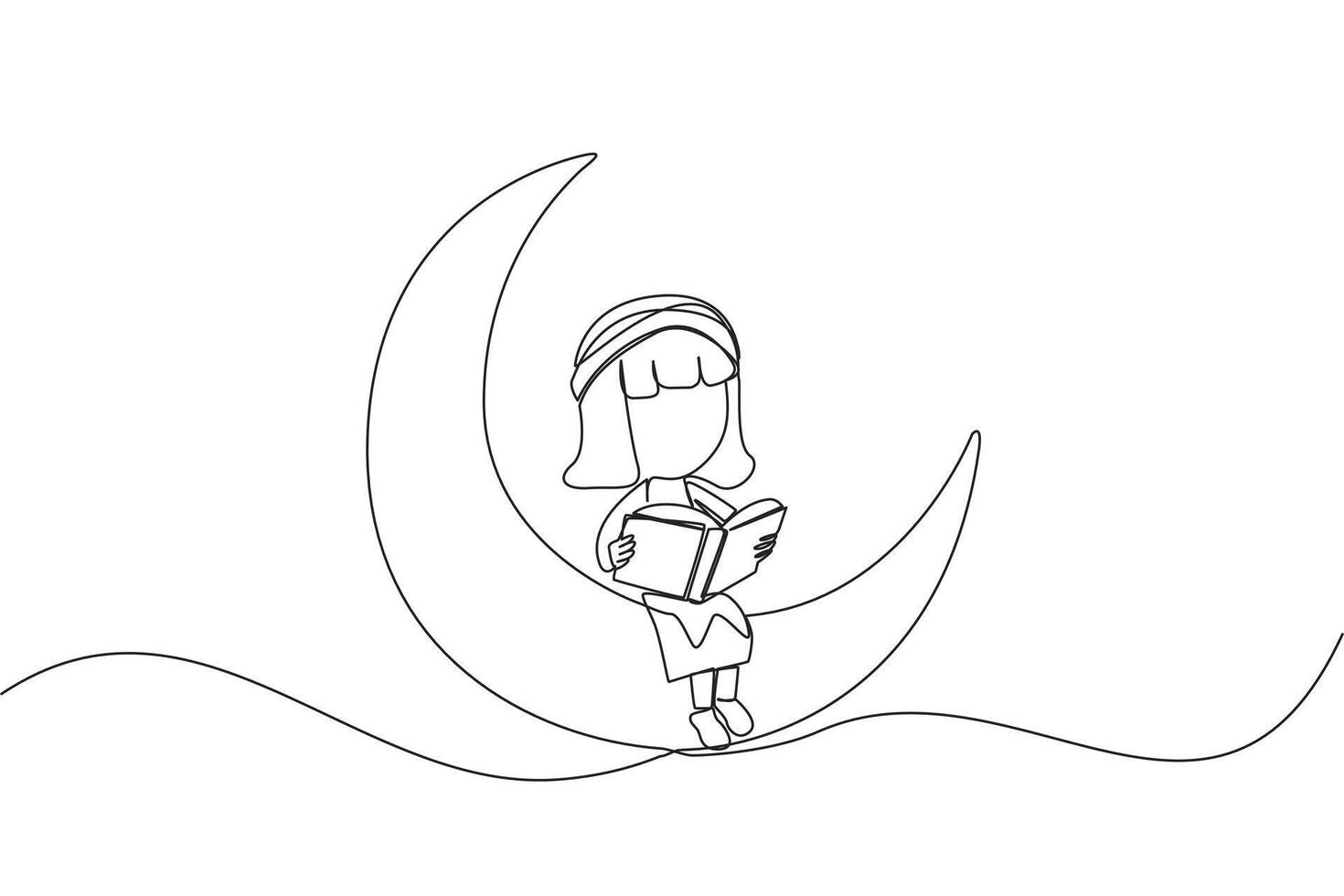 Continuous one line drawing girl sitting on crescent moon reading a book. Metaphor of reading a fairy story before sleeping. Read until late. Love reading. Single line draw design illustration vector