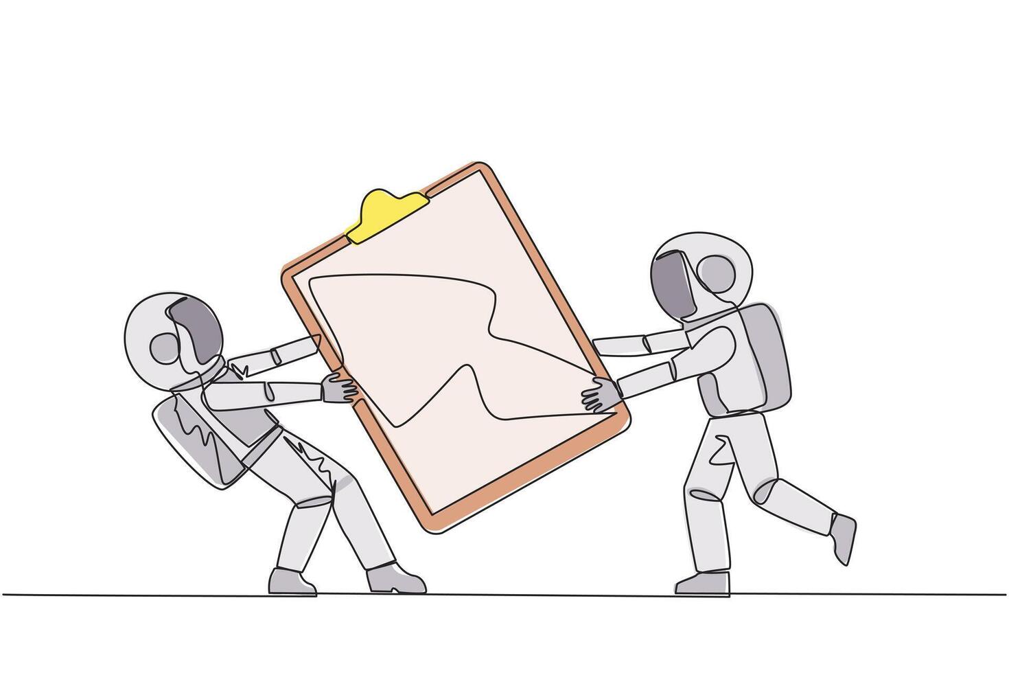 Single continuous line drawing two angry astronaut fighting over the clipboard. Useful to make it easier to check reports. Astronaut conflict. Aggressive. Space. One line design illustration vector