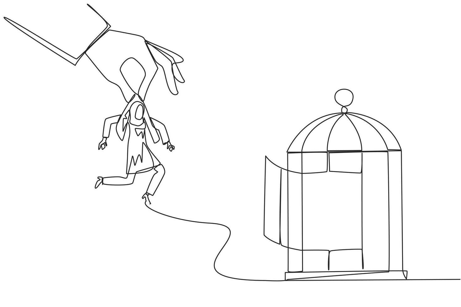 Single continuous line drawing big hand holding Arab businesswoman and want put in a cage. Trapping roughly. Beating business opponent by cheating. Unfair business. One line design illustration vector