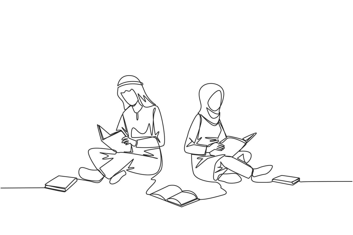 Single one line drawing Arabian man woman sitting relax in library reading lot of books. Looking for answers to assignments. Hobby reading. Book festival. Continuous line design graphic illustration vector