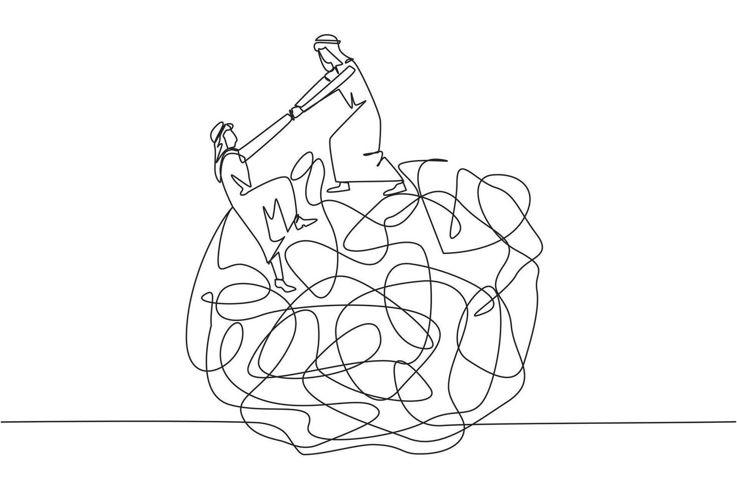 Single continuous line drawing Arab businessman helps colleague climb big heavy messy circle. Teamwork eliminates anxiety. Eliminate stress to focus on business. One line design illustration vector