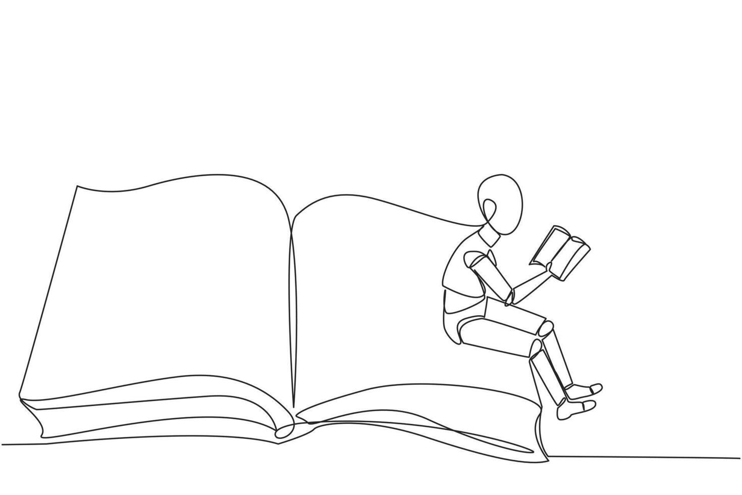 Single one line drawing smart robot sitting on the edge of a large open book. Study before exam time arrives. Read textbooks with focus. Reading is fun. Continuous line design graphic illustration vector