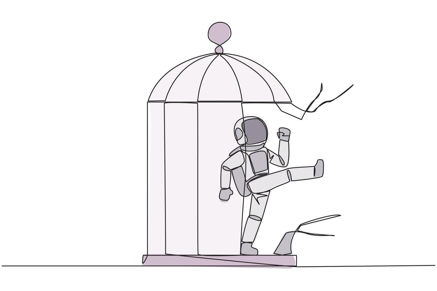 Single one line drawing astronaut trapped in the cage kick the caged until wrecked. Freedom of expression for the smooth running of business. Distractions. Continuous line design graphic illustration vector