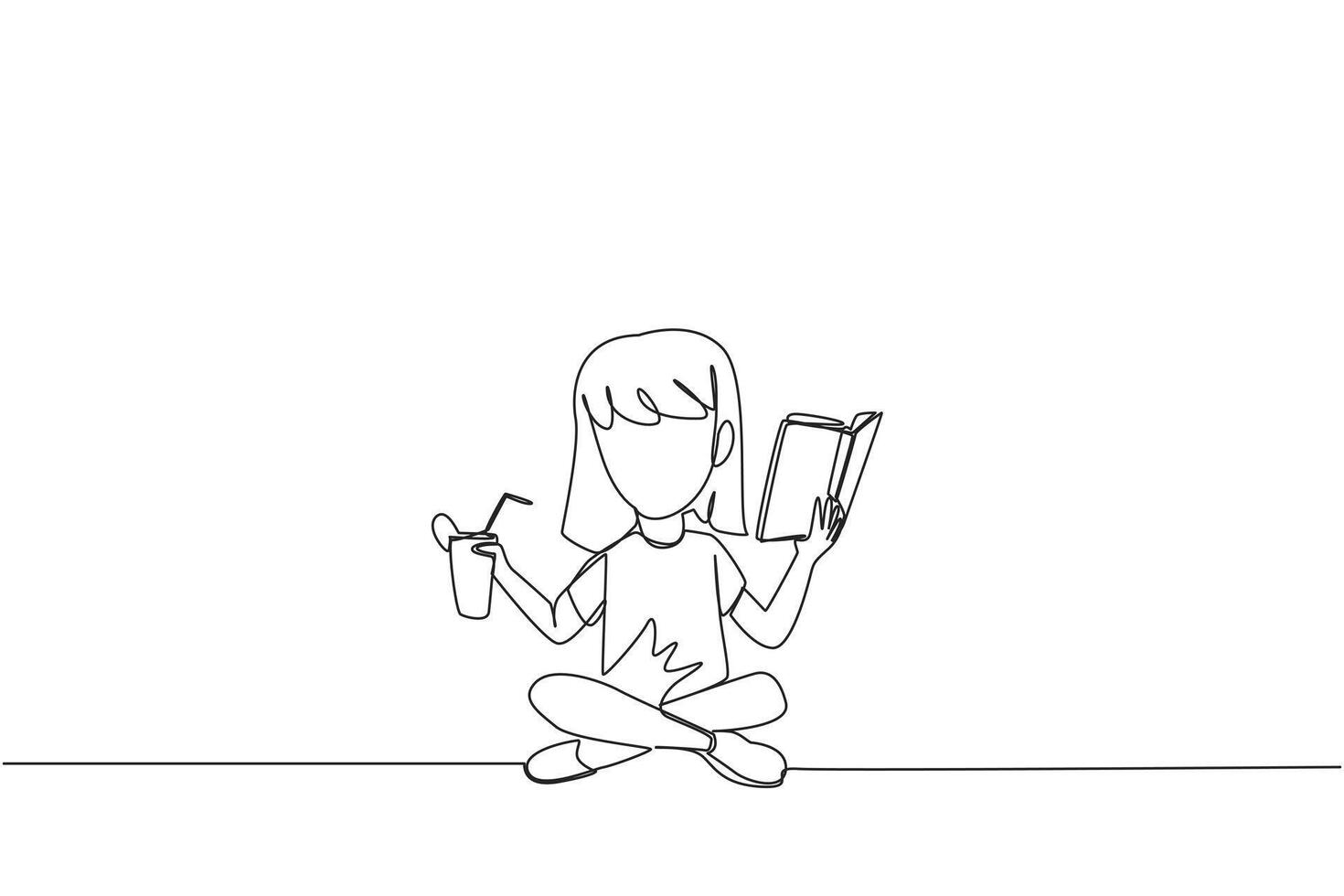 Single continuous line drawing girl sitting cross-legged reading book. Accompanied by glass of orange juice to make reading more interesting. Knowledge. Freshness. One line design illustration vector