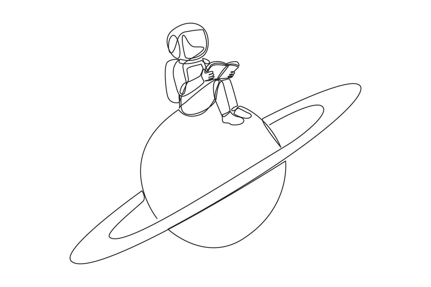 Single one line drawing astronaut sitting on the planet Saturn. Read about the natural conditions of outer space planets. Adaptation. Book festival concept. Continuous line design graphic illustration vector
