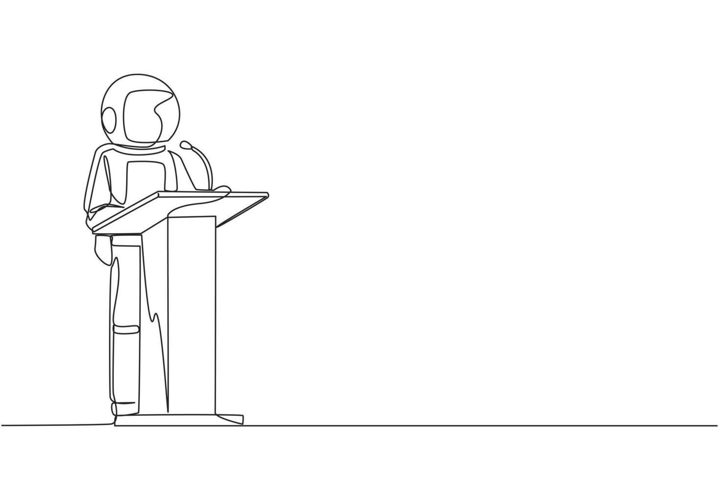 Single one line drawing inspirational astronaut give a speech at the podium. Convey tips for success in doing business by continuing to preserve nature. Continuous line design graphic illustration vector