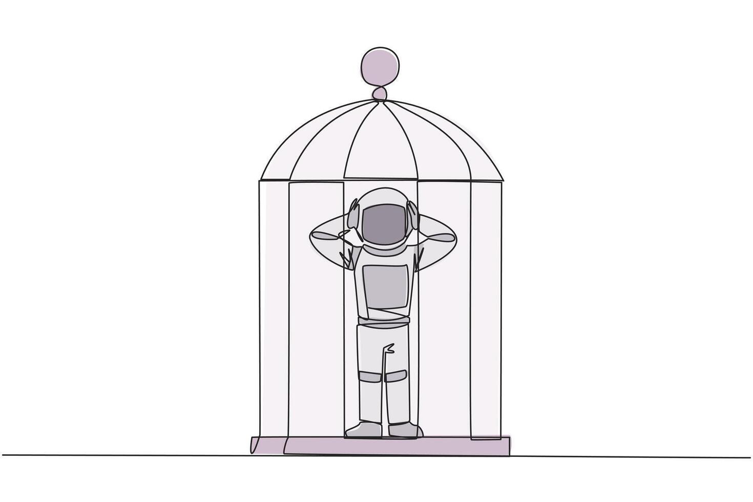 Single continuous line drawing tired astronaut trapped in the cage standing frustrated holding head. Anxiety caused cannot move freely. Confined. Imprisoned. One line design illustration vector
