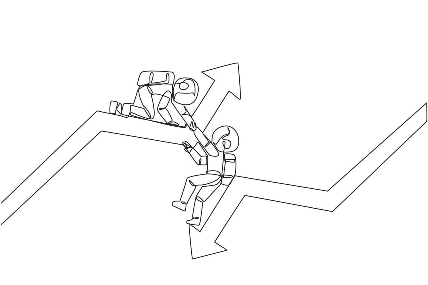 Single one line drawing astronaut helps colleague climb arrow symbol. Teamwork to raise better level together. Best partner ever. Maintain cohesiveness. Continuous line design graphic illustration vector