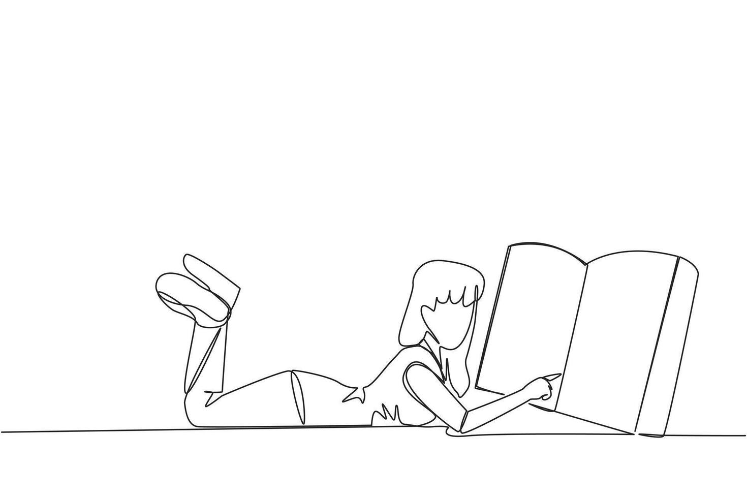 Single one line drawing woman lying on her stomach reading a big book. Enjoy reading books in a variety of styles. Reading increases insight. Love reading. Continuous line design graphic illustration vector