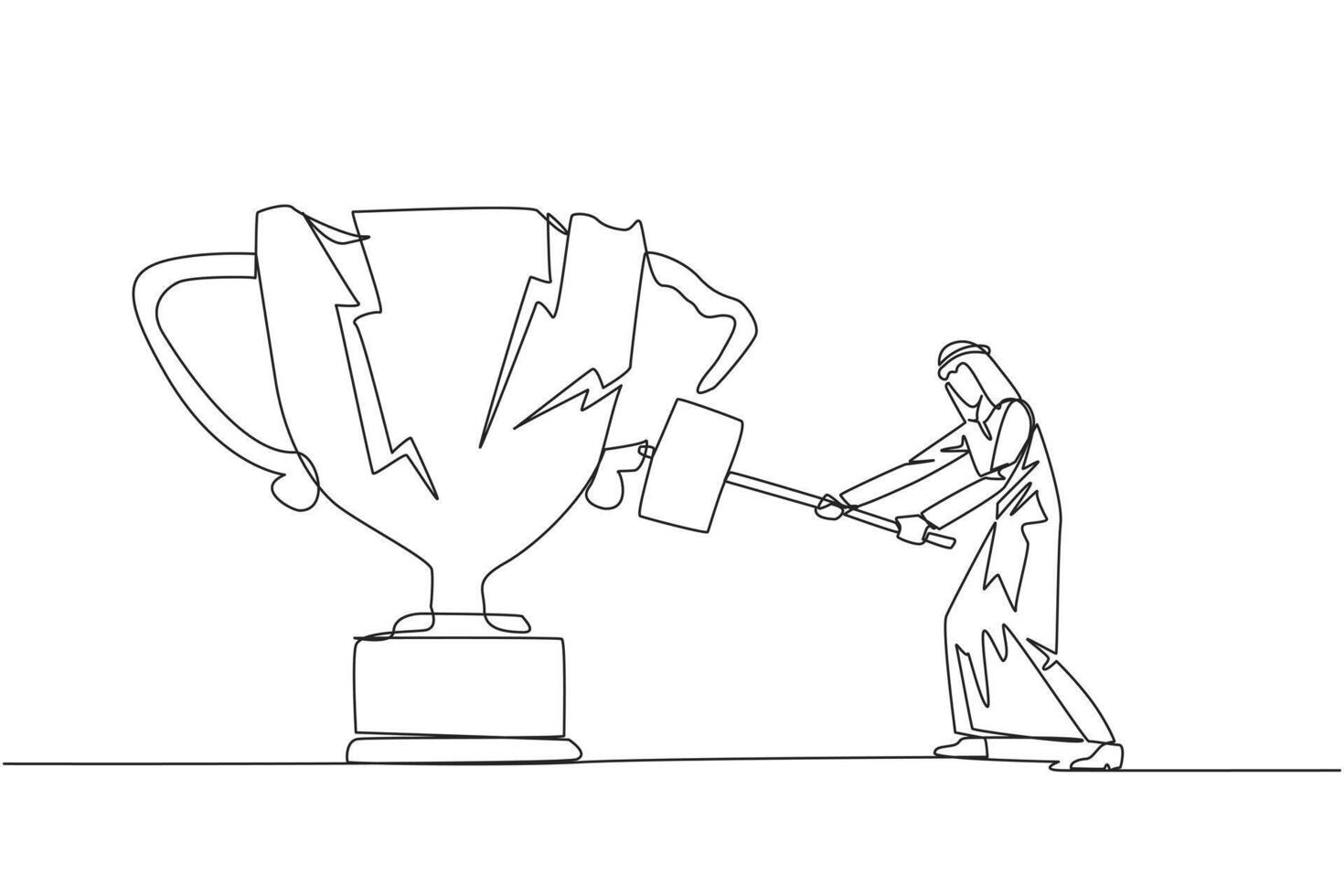 Single continuous line drawing Arabian businessman preparing to hit big trophy. Rampage. Expressing mounting anger. Smashing the trophy with a sledgehammer. Failed. One line design illustration vector