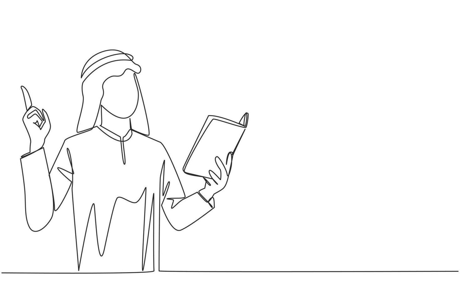 Continuous one line drawing Arab man standing reading book. Gesture gets idea. Book can see from different points of view. Brilliant idea from reading book. Single line draw design illustration vector