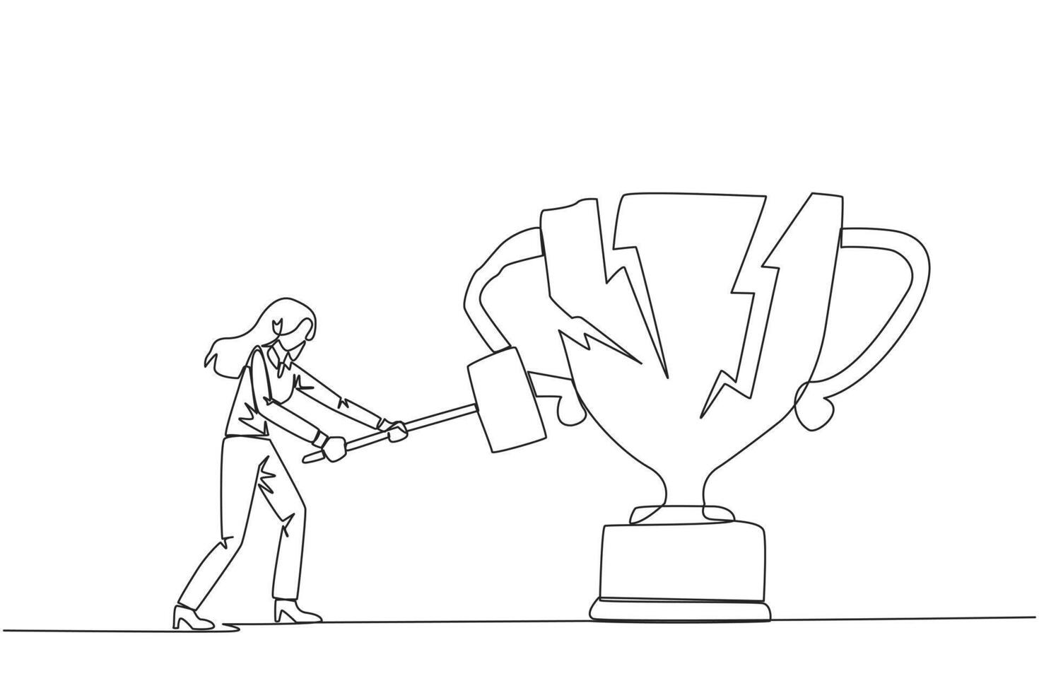 Continuous one line drawing businesswoman preparing to hit the big trophy. Rampage. Expressing mounting anger. Smashing trophy with a sledgehammer. Failed. Single line draw design illustration vector