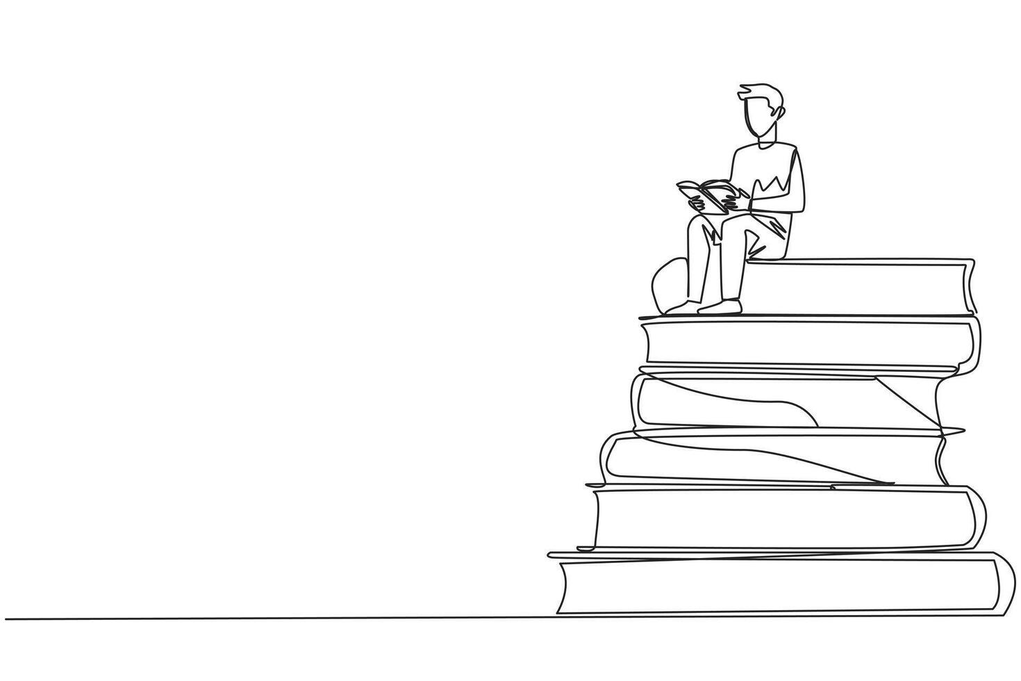 Single one line drawing happy man sitting on a pile of books reading a book. High interest in reading. Opening horizons of thinking. Book festival concept. Continuous line design graphic illustration vector