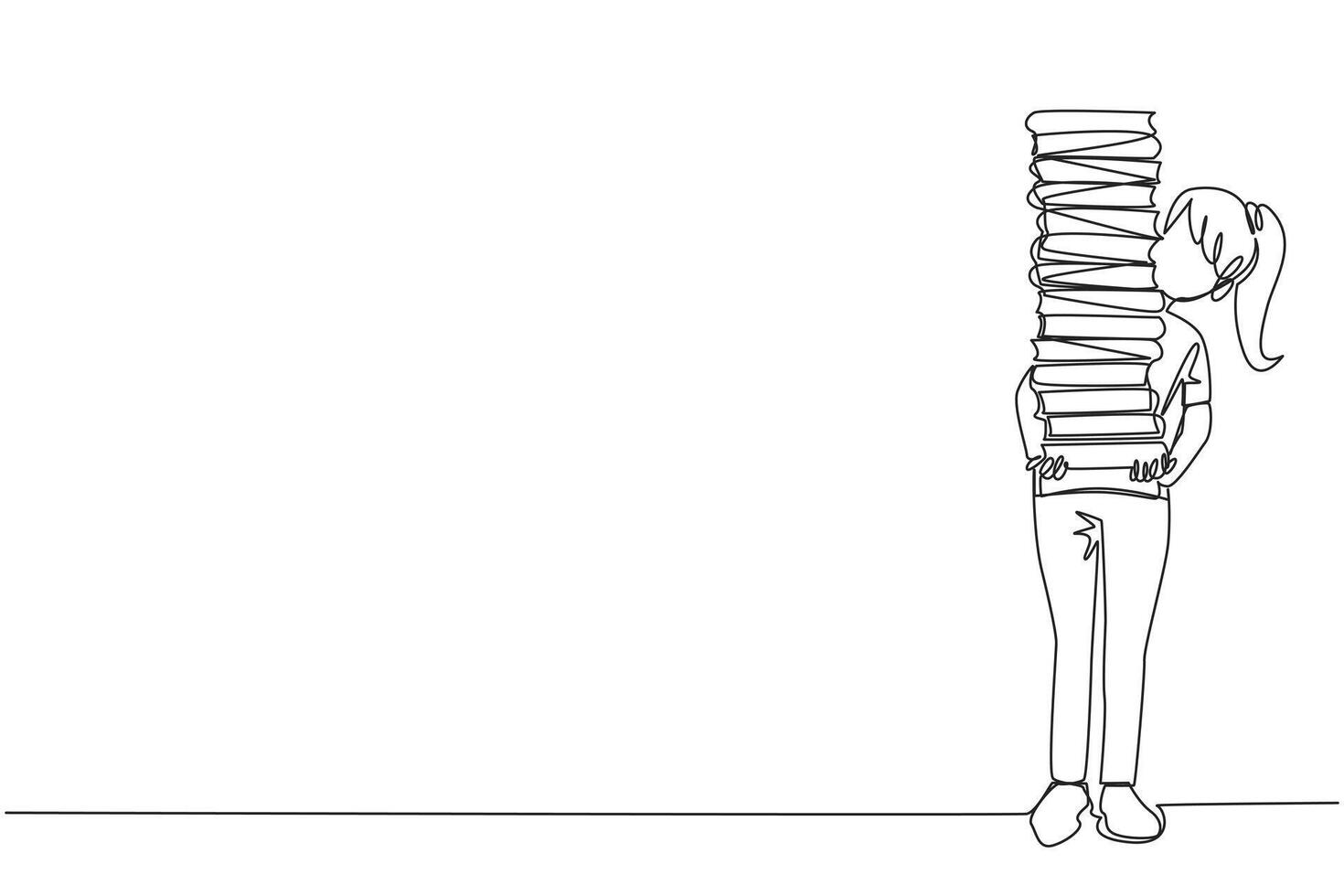 Single one line drawing woman carrying tall stack of books covering herself. Newly purchased book from bookstore. Read books one by one at home. Love read. Continuous line design graphic illustration vector