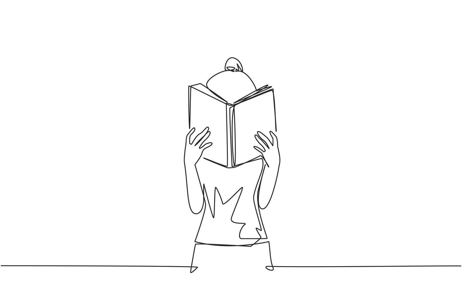 Single continuous line drawing woman seriously reading a book until cover the face. Nervous when facing the final exams. Try to focus. Reading increases insight. One line design illustration vector