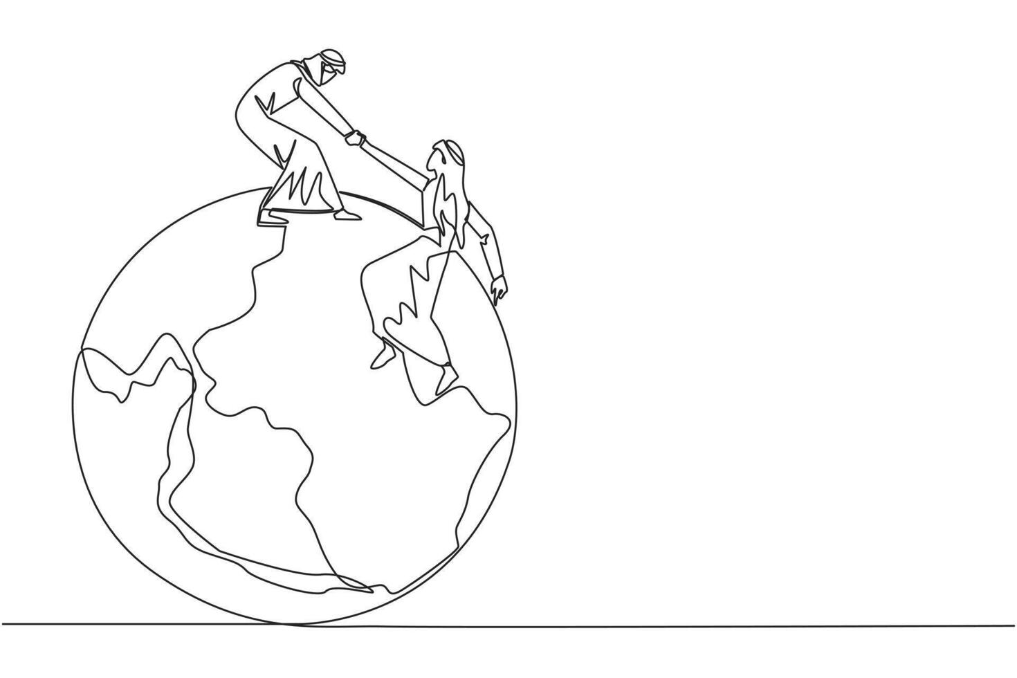 Single one line drawing Arabian businessman helps colleague climb big globe. Metaphor of reaching top of the world through increasing business. Teamwork. Continuous line design graphic illustration vector