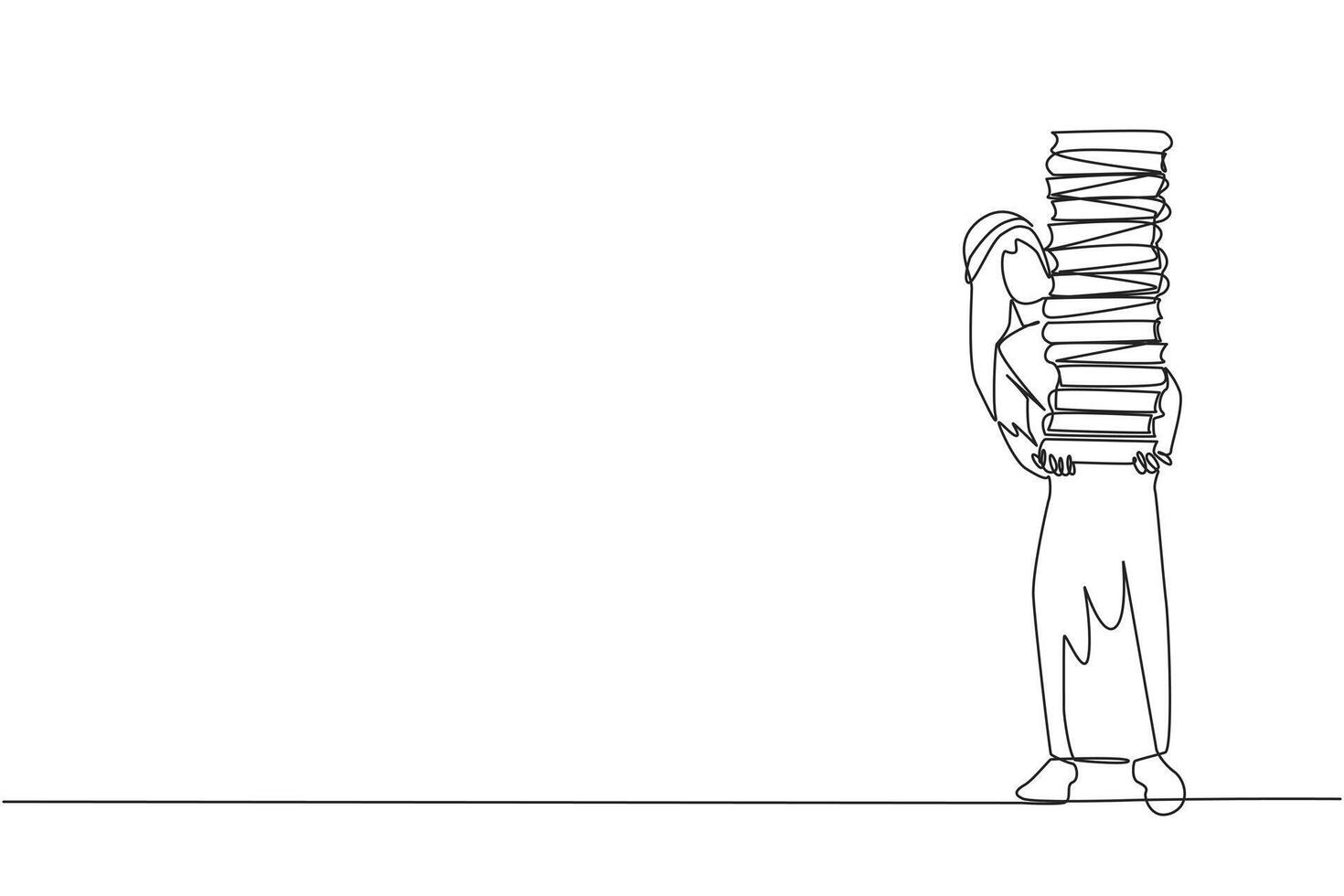 Single continuous line drawing Arab man carrying tall stack of books covering himself. Newly purchase book from bookstore. Read books one by one at home. Love read. One line design illustration vector