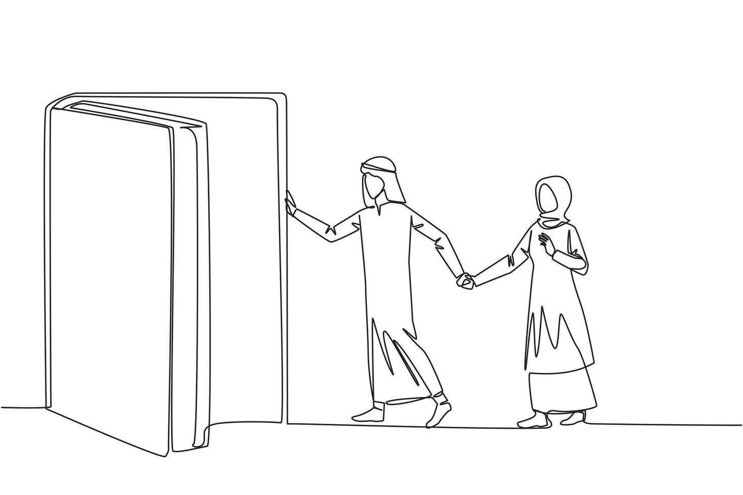 Single one line drawing Arab man woman open the book-shaped door. Books can open mind and see everywhere. Increase knowledge about the wider world. Book festival. Continuous line graphic illustration vector