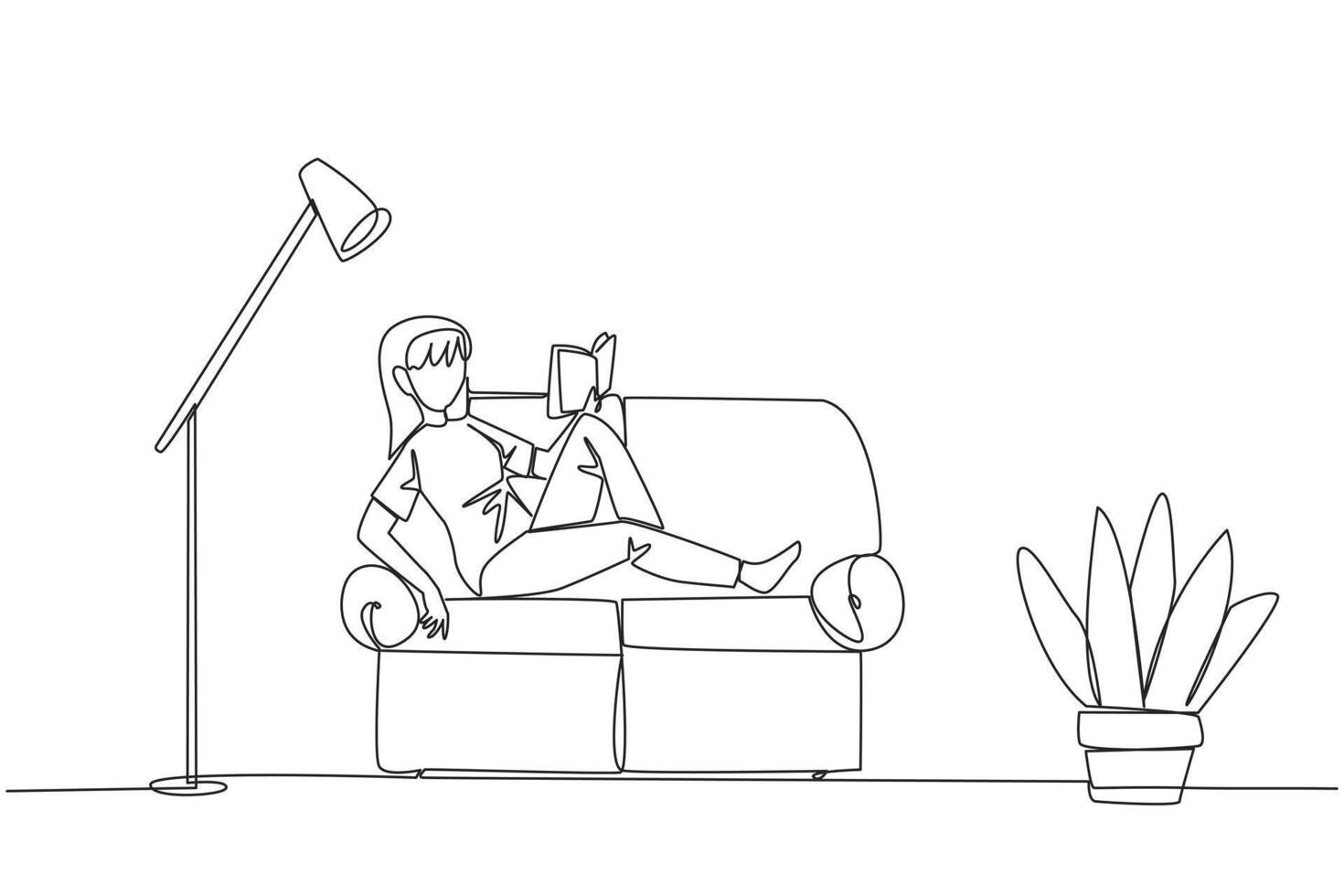 Single one line drawing woman sitting stretched out on the sofa reading a book. Really like the content of the book reading on each page. Very impressive. Continuous line design graphic illustration vector