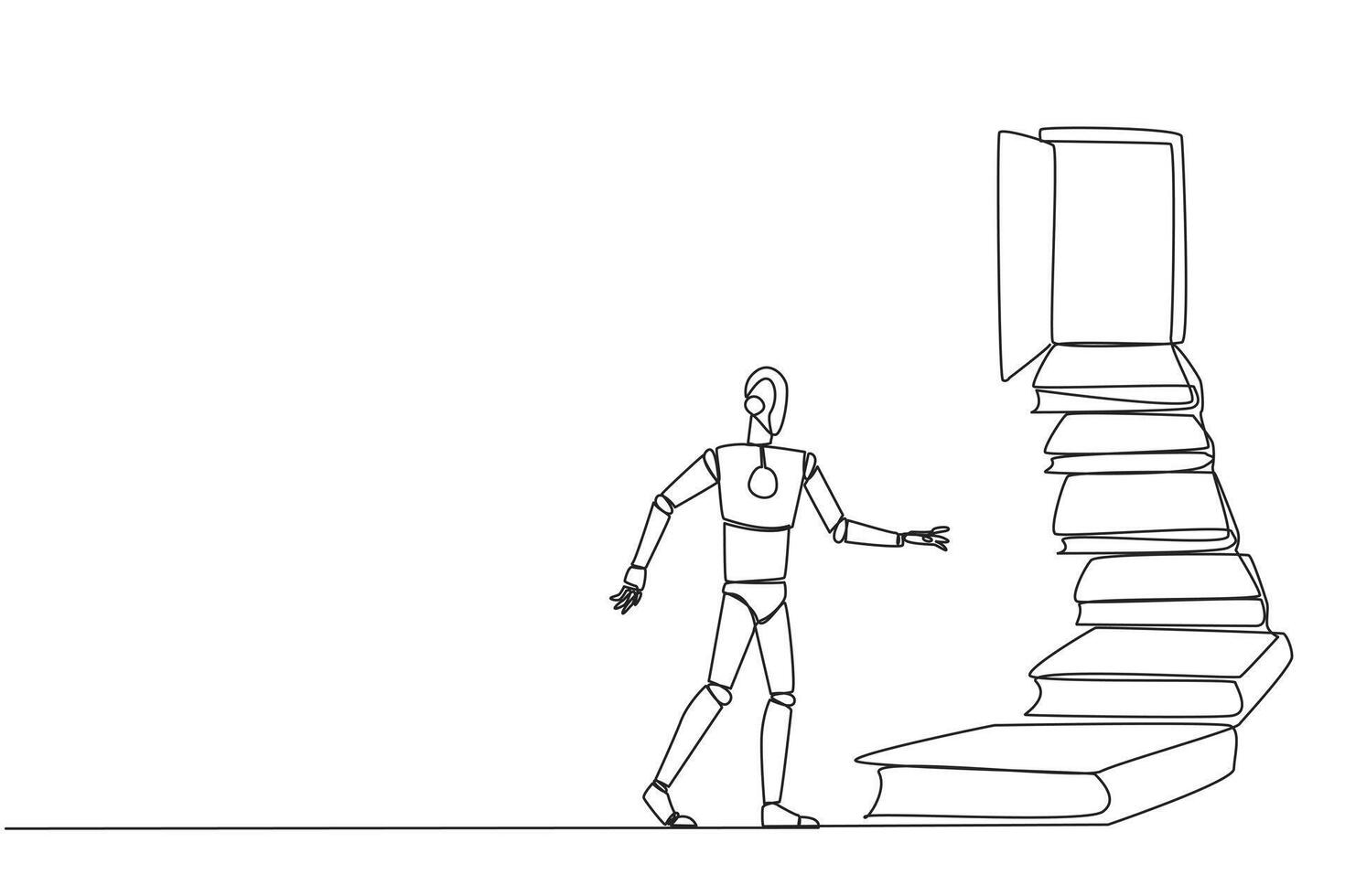 Continuous one line drawing robot climb stairs from the book stack. Towards the wide open door. Metaphor of finding the answers from books. Book festival. Single line draw design illustration vector